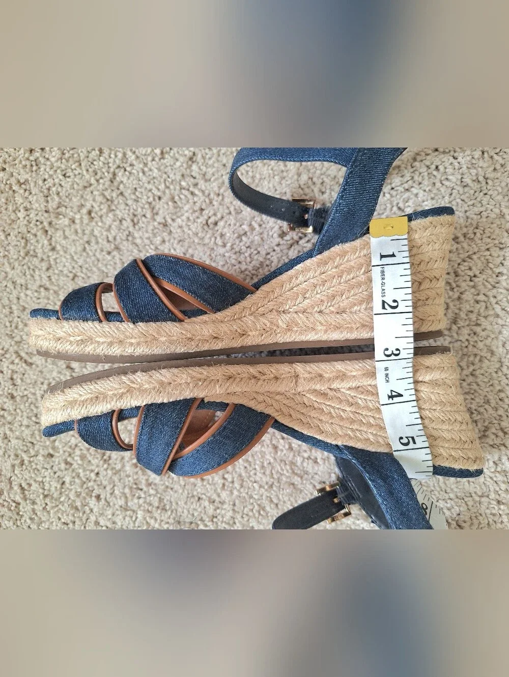 Tommy Hilfiger Gazeiy Blue Denim Espadrille Wedge Sandals Faux Brown Leather 7